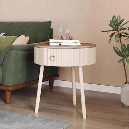 Modern Luxury Solid Wood Iron PVC Round Textured Nightstand With 1 Drawer For Bedroom