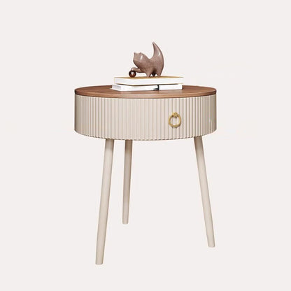 Modern Luxury Solid Wood Iron PVC Round Textured Nightstand With 1 Drawer For Bedroom