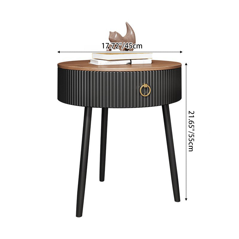 Modern Luxury Solid Wood Iron PVC Round Textured Nightstand With 1 Drawer For Bedroom