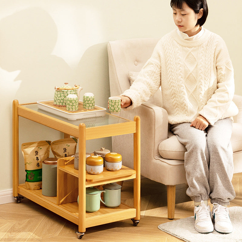 Modern Minimalist Glass Bamboo Rectangular Movable Coffee Table With 3 Tiers For Living Room