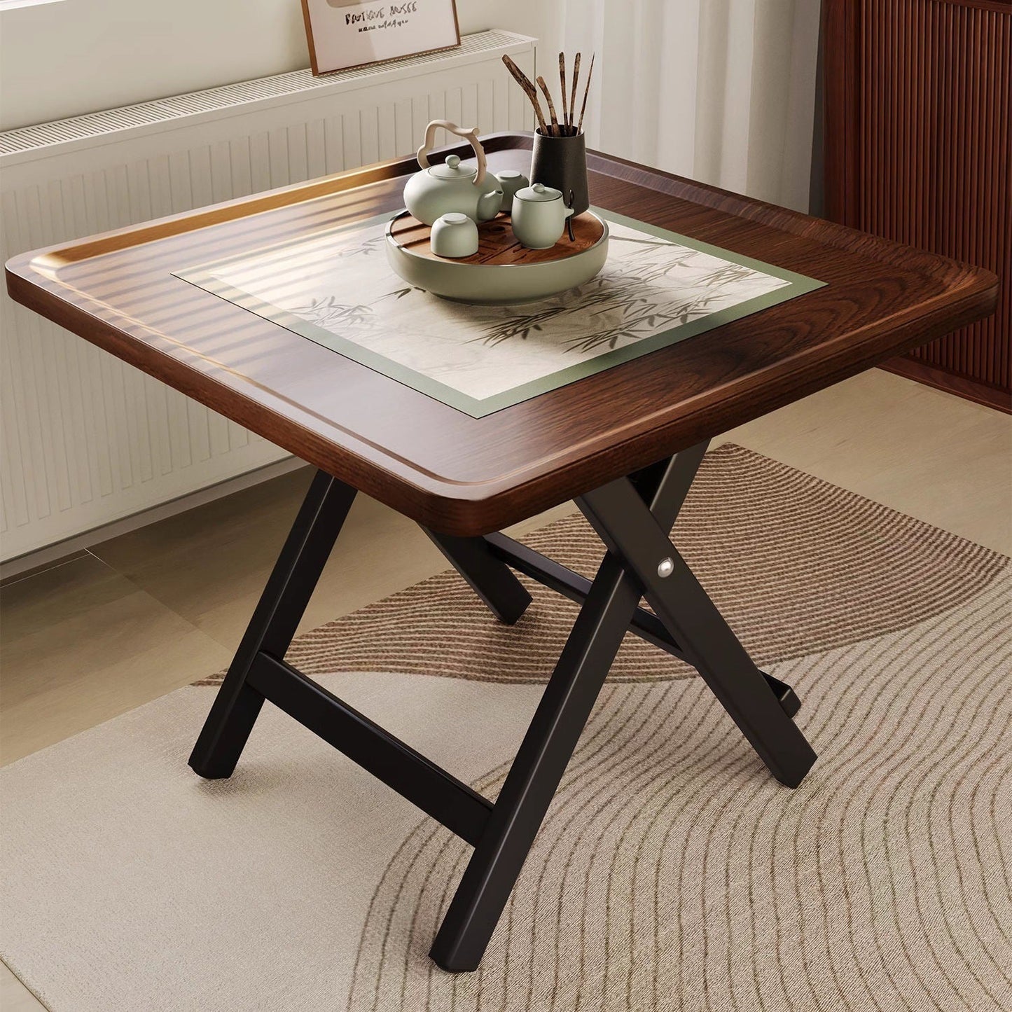 Traditional Vintage Medium Density Fiberboard Iron Frame Rounded Square Folding Dining Table With 1-Tier For Dining Room