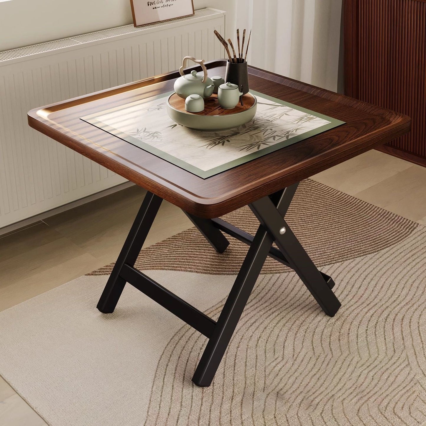 Traditional Vintage Medium Density Fiberboard Iron Frame Rounded Square Folding Dining Table With 1-Tier For Dining Room