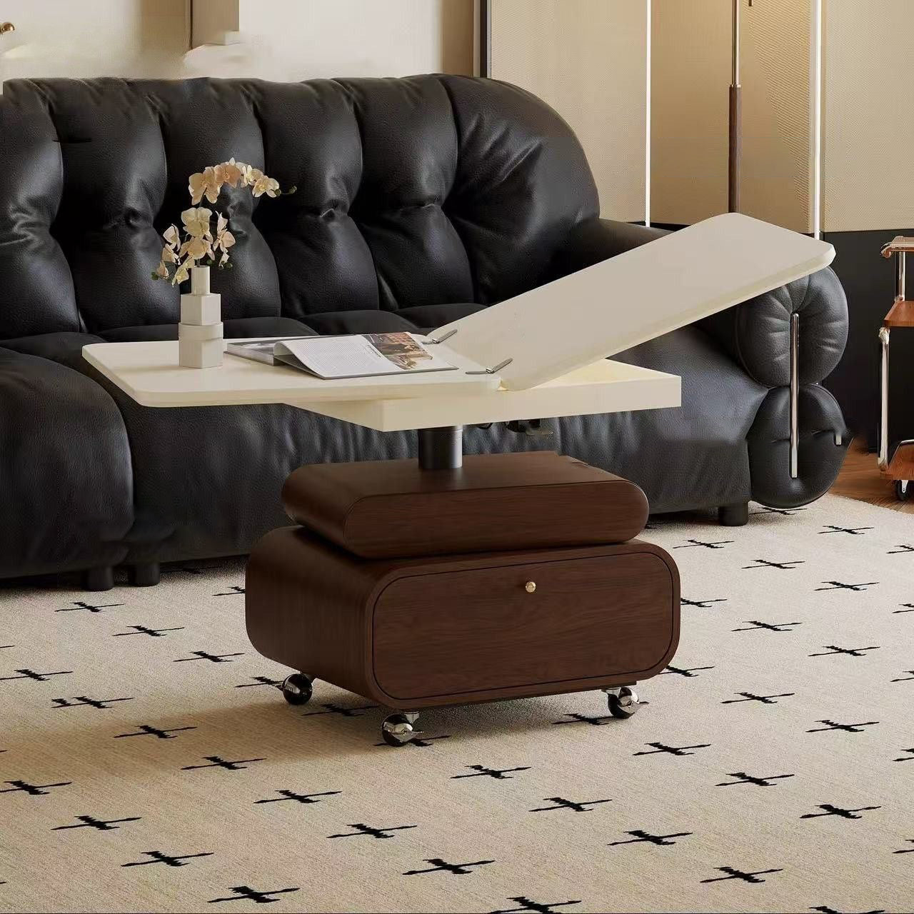 Traditional Chinese Solid Wood Hardware Rounded Square Lift-Top Coffee Table With 1-Tier For Living Room