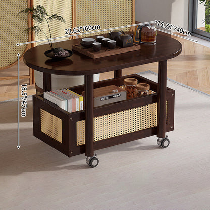 Traditional Vintage Bamboo Plastic Rattan Oval Rectangular Side Table With 1-Tier For Living Room