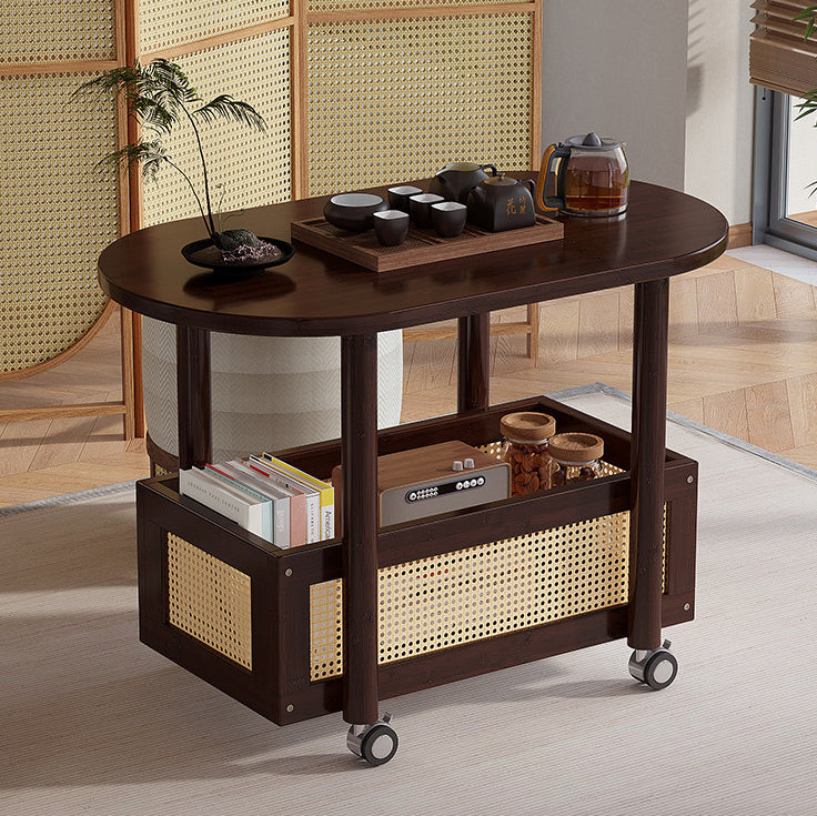 Traditional Vintage Bamboo Plastic Rattan Oval Rectangular Side Table With 1-Tier For Living Room