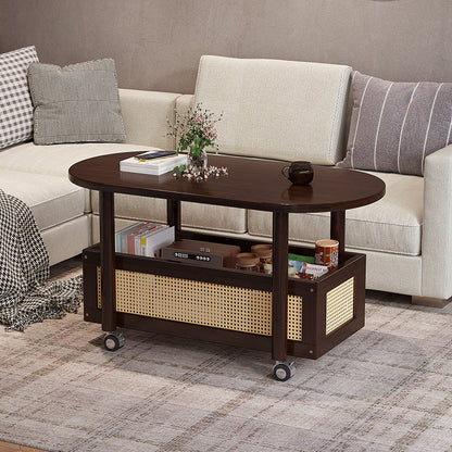 Traditional Vintage Bamboo Plastic Rattan Oval Rectangular Side Table With 1-Tier For Living Room