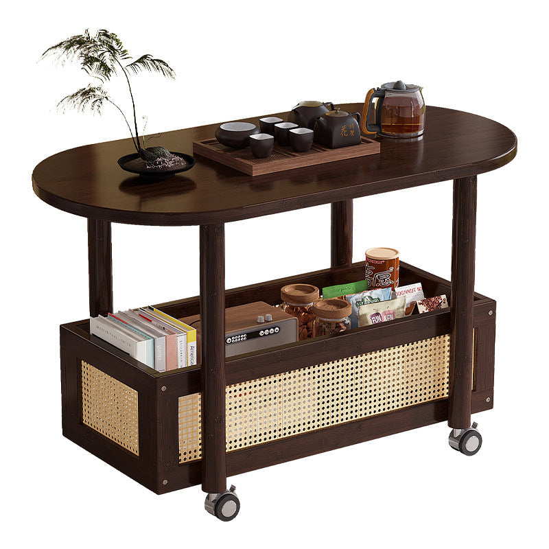 Traditional Vintage Bamboo Plastic Rattan Oval Rectangular Side Table With 1-Tier For Living Room