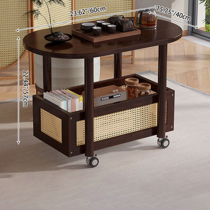 Traditional Vintage Bamboo Plastic Rattan Oval Rectangular Side Table With 1-Tier For Living Room