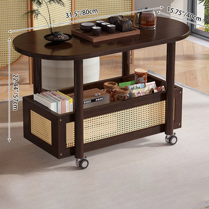 Traditional Vintage Bamboo Plastic Rattan Oval Rectangular Side Table With 1-Tier For Living Room