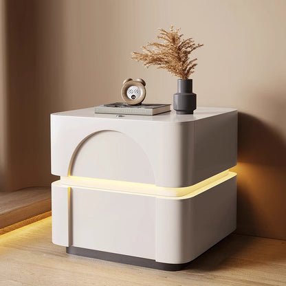 Contemporary Creative Solid Wood Carbon Steel Rounded Square Nightstand With 2 Drawers For Bedroom