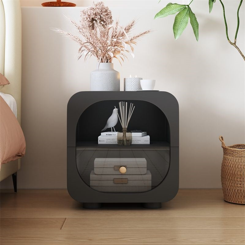 Contemporary Scandinavian Particle Board Glass Metal Rounded Square Nightstand With 1 Drawer For Bedroom
