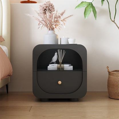 Contemporary Scandinavian Particle Board Glass Metal Rounded Square Nightstand With 1 Drawer For Bedroom