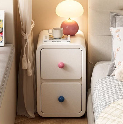 Contemporary Creative Solid Wood Faux Leather Metal Rounded Rectangular Nightstand With 2 Drawers For Bedroom