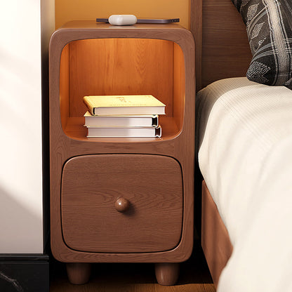 Traditional Chinese Solid Wood Rounded Rectangular Nightstand With 1/2 Drawers For Bedroom