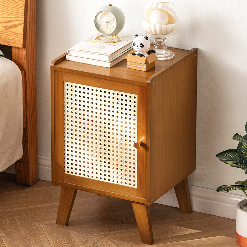 Traditional Vintage Bamboo Imitation Rattan Hollow Rectangular Nightstand With 1-Storage For Bedroom