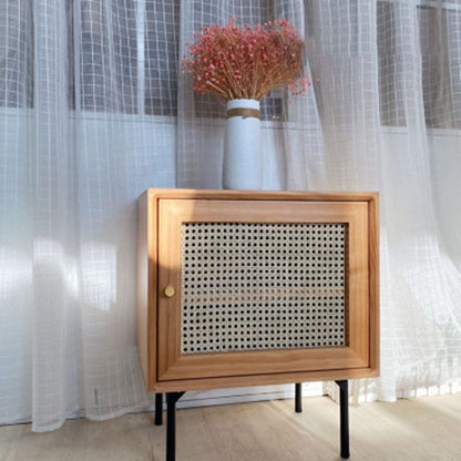 Traditional Chinese Solid Wood Rattan Square Cylinder Nightstand With 1-Storage For Bedroom