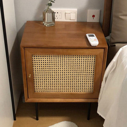 Traditional Chinese Solid Wood Rattan Square Cylinder Nightstand With 1-Storage For Bedroom