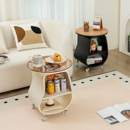 Contemporary Creative Glass Solid Wood Iron Irregular Oval Mobile Side Table 3-Tier For Living Room