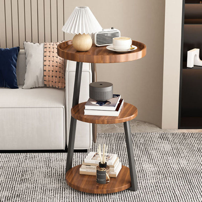 Contemporary Scandinavian Wood Panel Metal Round End Table 3-Tier For Living Room