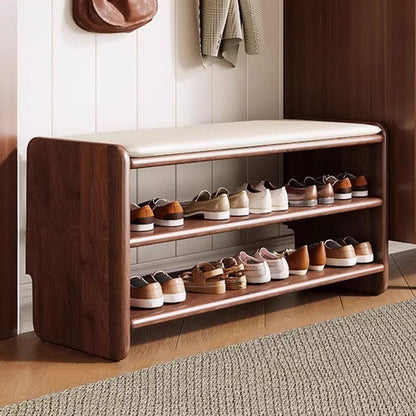 Modern Minimalist Solid Wood PU Leather Rounded Rectangle Shoe Bench 2-Tier For Living Room