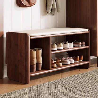 Modern Minimalist Solid Wood PU Leather Rounded Rectangle Shoe Bench 2-Tier For Living Room