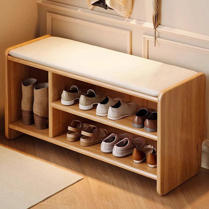Modern Minimalist Solid Wood PU Leather Rounded Rectangle Shoe Bench 2-Tier For Living Room