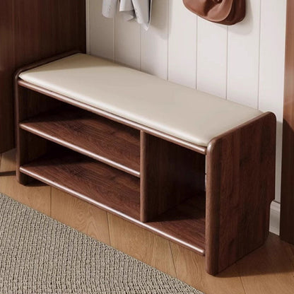 Modern Minimalist Solid Wood PU Leather Rounded Rectangle Shoe Bench 2-Tier For Living Room