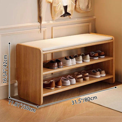 Modern Minimalist Solid Wood PU Leather Rounded Rectangle Shoe Bench 2-Tier For Living Room