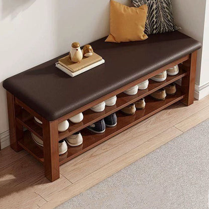 Traditional Chinese Faux Leather Solid Wood MDF Rounded Rectangle Shoe Bench 2-Tier For Living Room