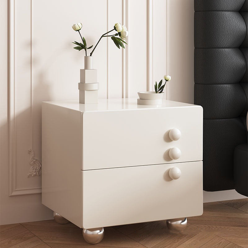 Traditional French Wood Panel Solid Wood Stainless Steel Ball-Shaped Square Nightstand With 2 Drawers For Bedroom