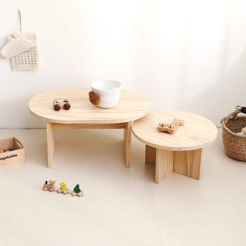 Modern Minimalist Pine Wood Round Oval Coffee Table 1-Tier For Living Room