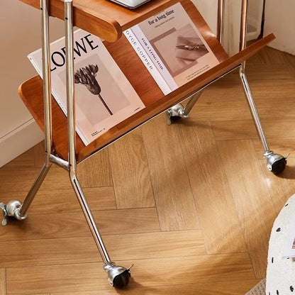 Contemporary Creative Solid Wood Stainless Steel V-Shaped Mobile Side Table 2-Tier For Living Room