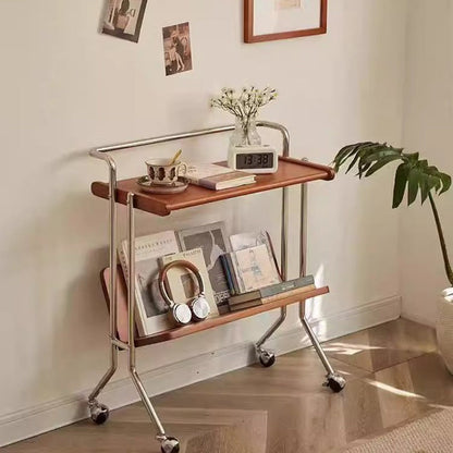 Contemporary Creative Solid Wood Stainless Steel V-Shaped Mobile Side Table 2-Tier For Living Room