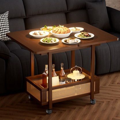 Traditional Chinese Bamboo Rattan Rounded Rectangular Side Table 2-Tier For Living Room