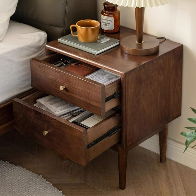 Traditional Chinese Black Walnut & Brass Square Nightstand With 2 Drawers For Bedroom