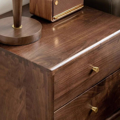 Traditional Chinese Black Walnut & Brass Square Nightstand With 2 Drawers For Bedroom