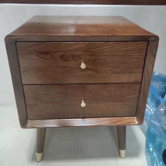 Traditional Vintage Ash Wood & Metal Cylindrical-Square Nightstand With 2 Drawers For Bedroom