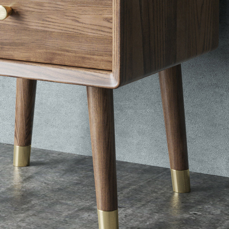 Traditional Vintage Ash Wood & Metal Cylindrical-Square Nightstand With 2 Drawers For Bedroom