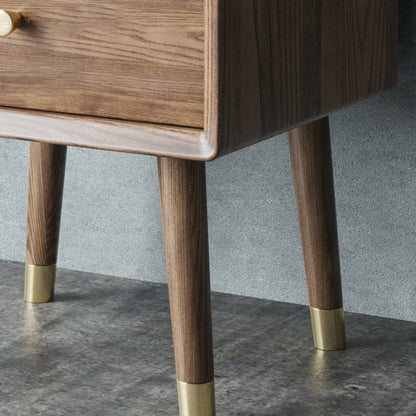 Traditional Vintage Ash Wood & Metal Cylindrical-Square Nightstand With 2 Drawers For Bedroom