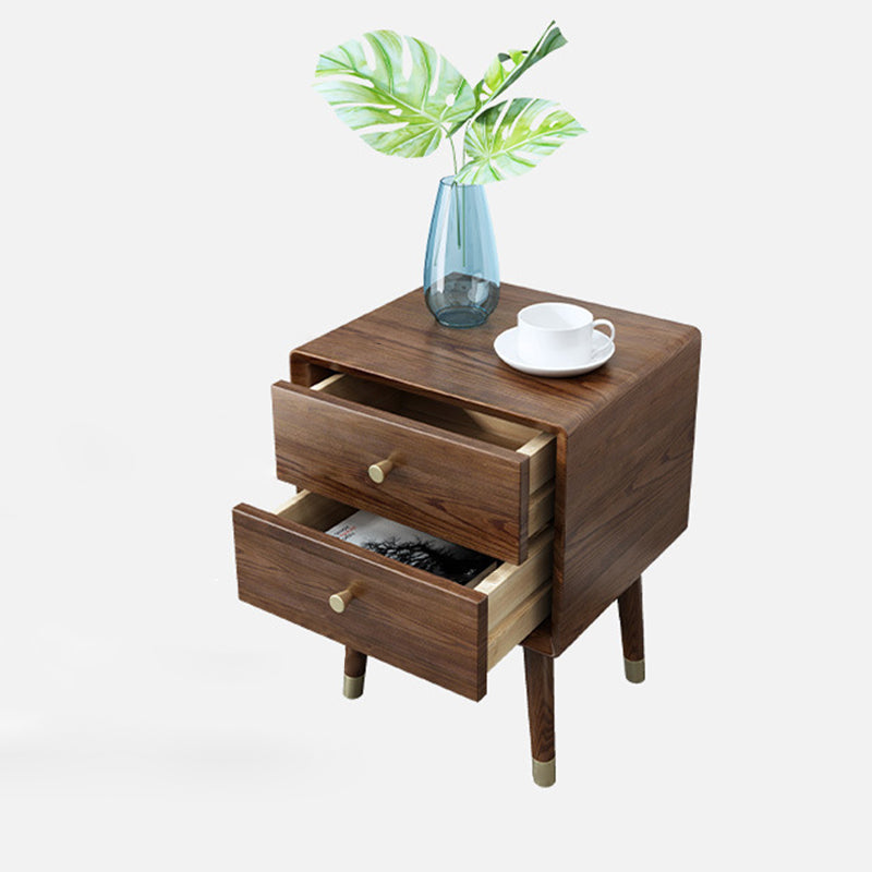 Traditional Vintage Ash Wood & Metal Cylindrical-Square Nightstand With 2 Drawers For Bedroom