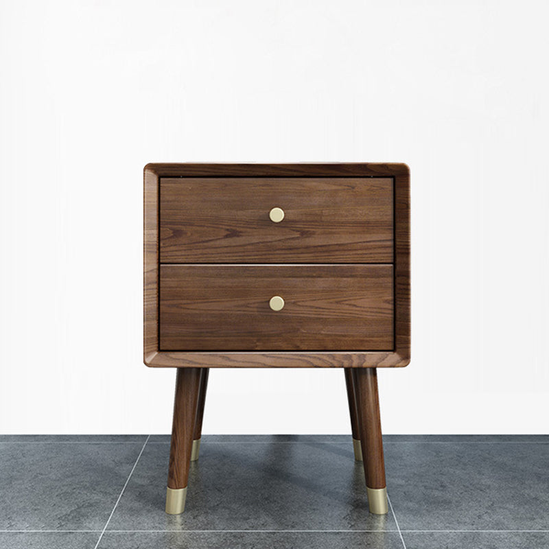 Traditional Vintage Ash Wood & Metal Cylindrical-Square Nightstand With 2 Drawers For Bedroom