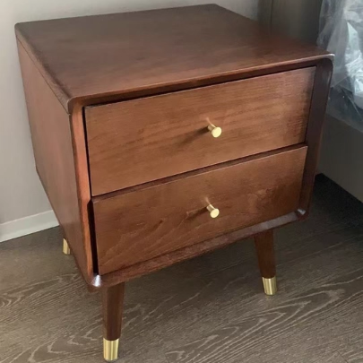Traditional Vintage Ash Wood & Metal Cylindrical-Square Nightstand With 2 Drawers For Bedroom