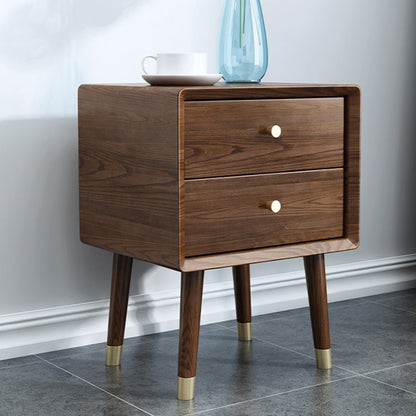 Traditional Vintage Ash Wood & Metal Cylindrical-Square Nightstand With 2 Drawers For Bedroom