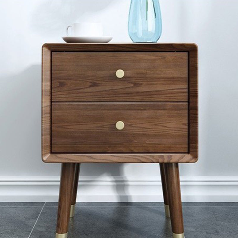 Traditional Vintage Ash Wood & Metal Cylindrical-Square Nightstand With 2 Drawers For Bedroom