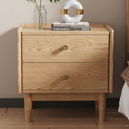Traditional Chinese Ash Wood Metal Square-Cylinder Nightstand With 2 Drawers For Bedroom