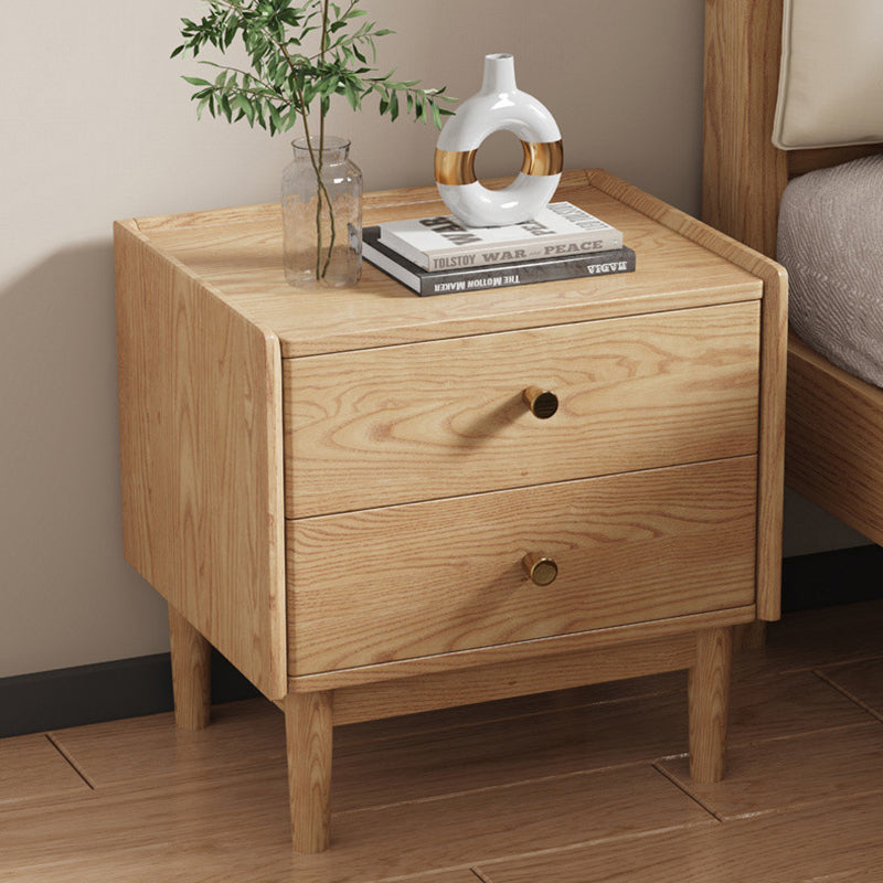 Traditional Chinese Ash Wood Metal Square-Cylinder Nightstand With 2 Drawers For Bedroom