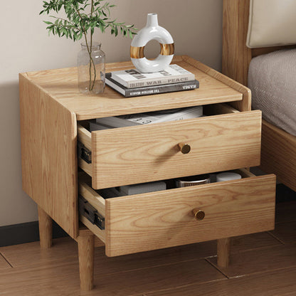 Traditional Chinese Ash Wood Metal Square-Cylinder Nightstand With 2 Drawers For Bedroom