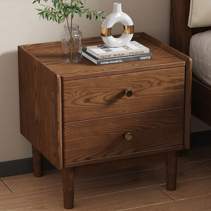 Traditional Chinese Ash Wood Metal Square-Cylinder Nightstand With 2 Drawers For Bedroom