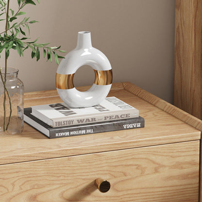Traditional Chinese Ash Wood Metal Square-Cylinder Nightstand With 2 Drawers For Bedroom