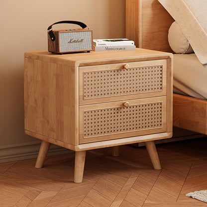 Traditional Chinese Rubberwood Metal Rounded-Square Nightstand With 2 Drawers For Bedroom